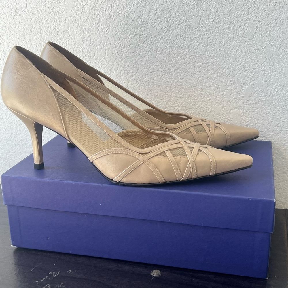 STUART WEITZMAN RIVERS Taupiary Gold Wash Designer Pointed Toe Pumps 9.5